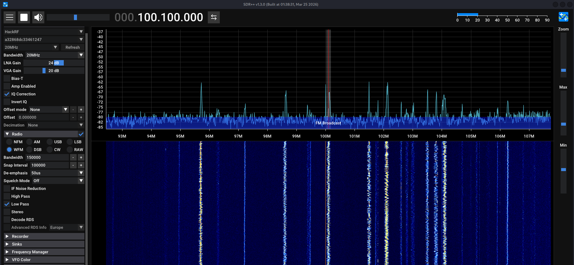 SDR++ FM band waterfall